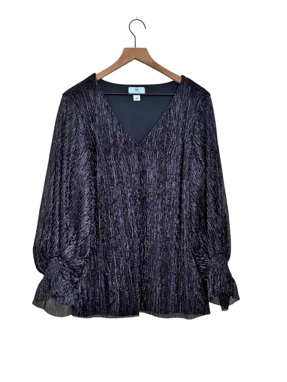 CeCe Blue Metallic Shimmer V-Neck Ruffle Cuff Blouse Top